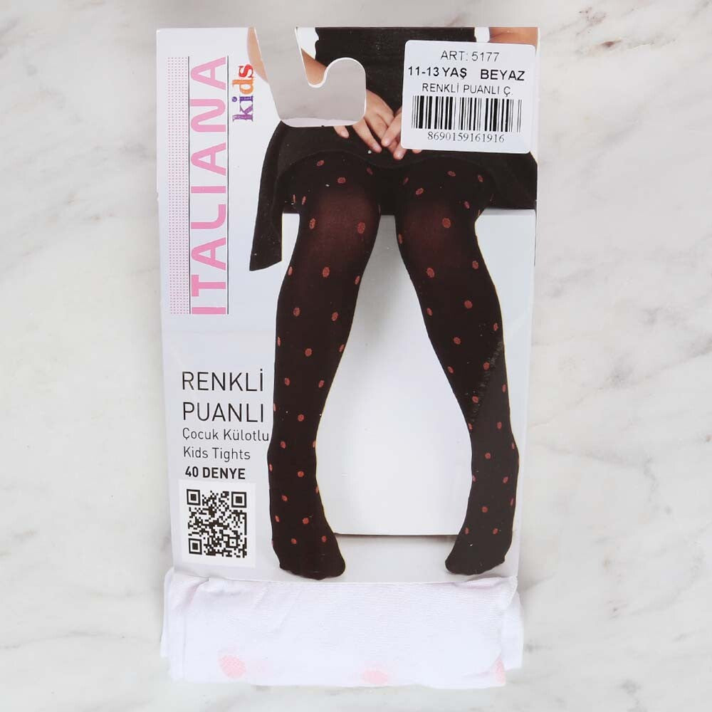 İtaliana 5177 Renkli Puanlı Çocuk Külotlu Çorap, Beyaz 11/13 Yaş